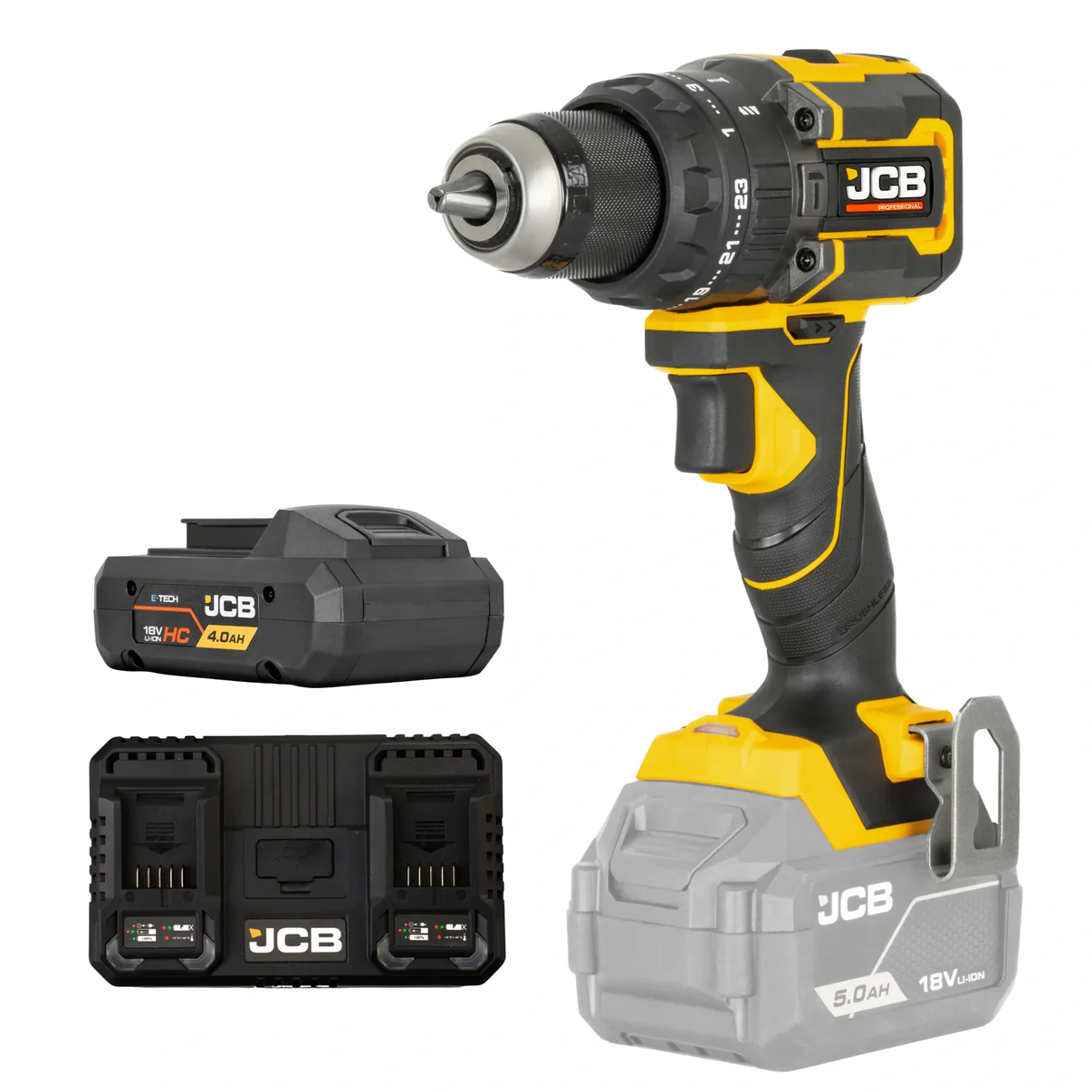 Wiertarko-wkrętarka akumulatorowa JCB 18V 75 Nm – Brushless z udarem