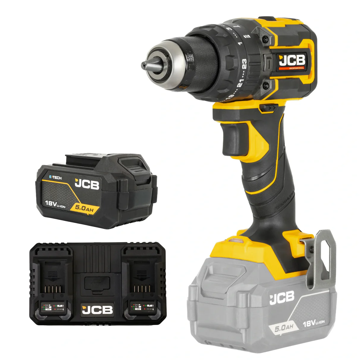 Wiertarko-wkrętarka akumulatorowa JCB 18V 75 Nm – Brushless z udarem