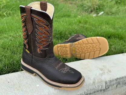 Pánské tmavě hnědé kožené pracovní boty s výstřihem do V - bez ocelové špičky