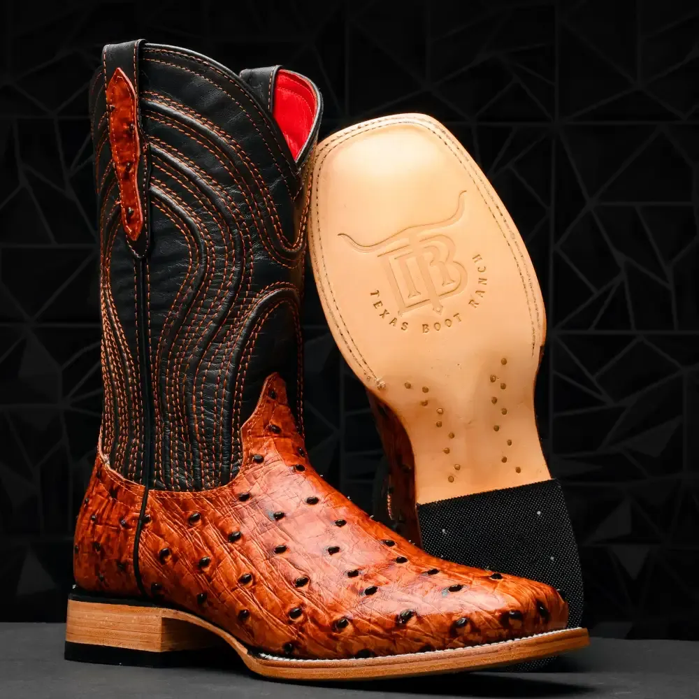 Kozačky z pštrosí kůže v koňakové barvě - hranatá špička