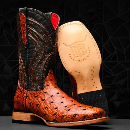 Kozačky z pštrosí kůže v koňakové barvě - hranatá špička