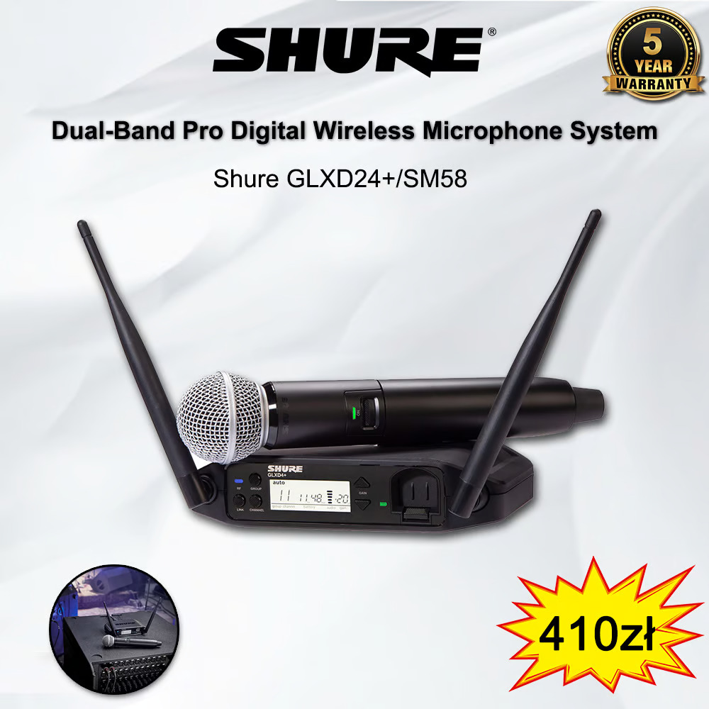 Shure GLXD24+/SM58 Dwuzakresowy Profesjonalny Cyfrowy System Mikrofonów Bezprzewodowych.Cena oryginalna: 2108 zł, teraz za jedyne 410 zł!Limitowana edycja: 200 sztuk.