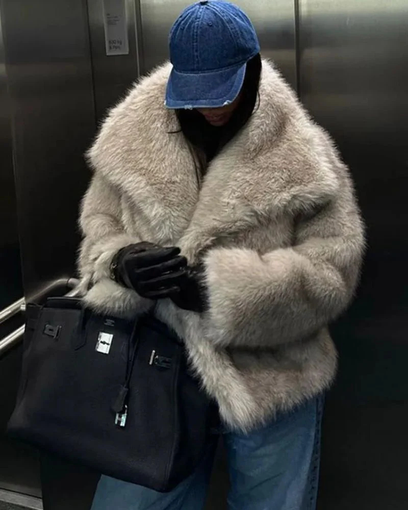 女式人造毛皮大衣长袖蓬松夹克 - C0320