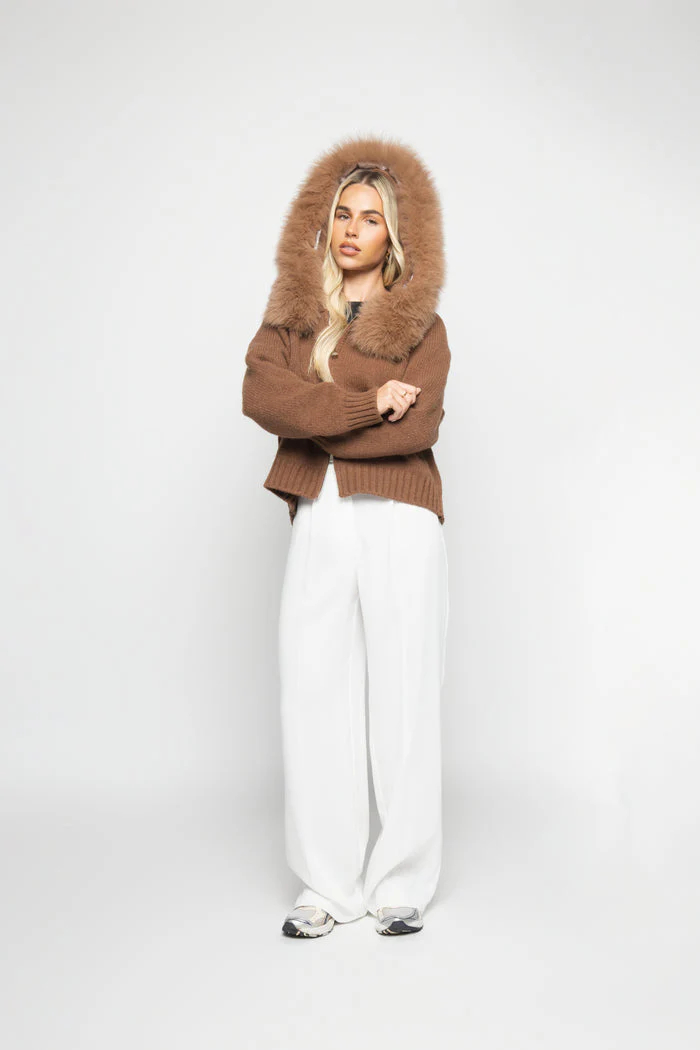 Versatile large fur collar hooded zipper lazy style cardigan - C0323