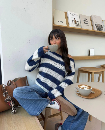 Round neck striped loose lazy versatile long sleeve sweater - C0326