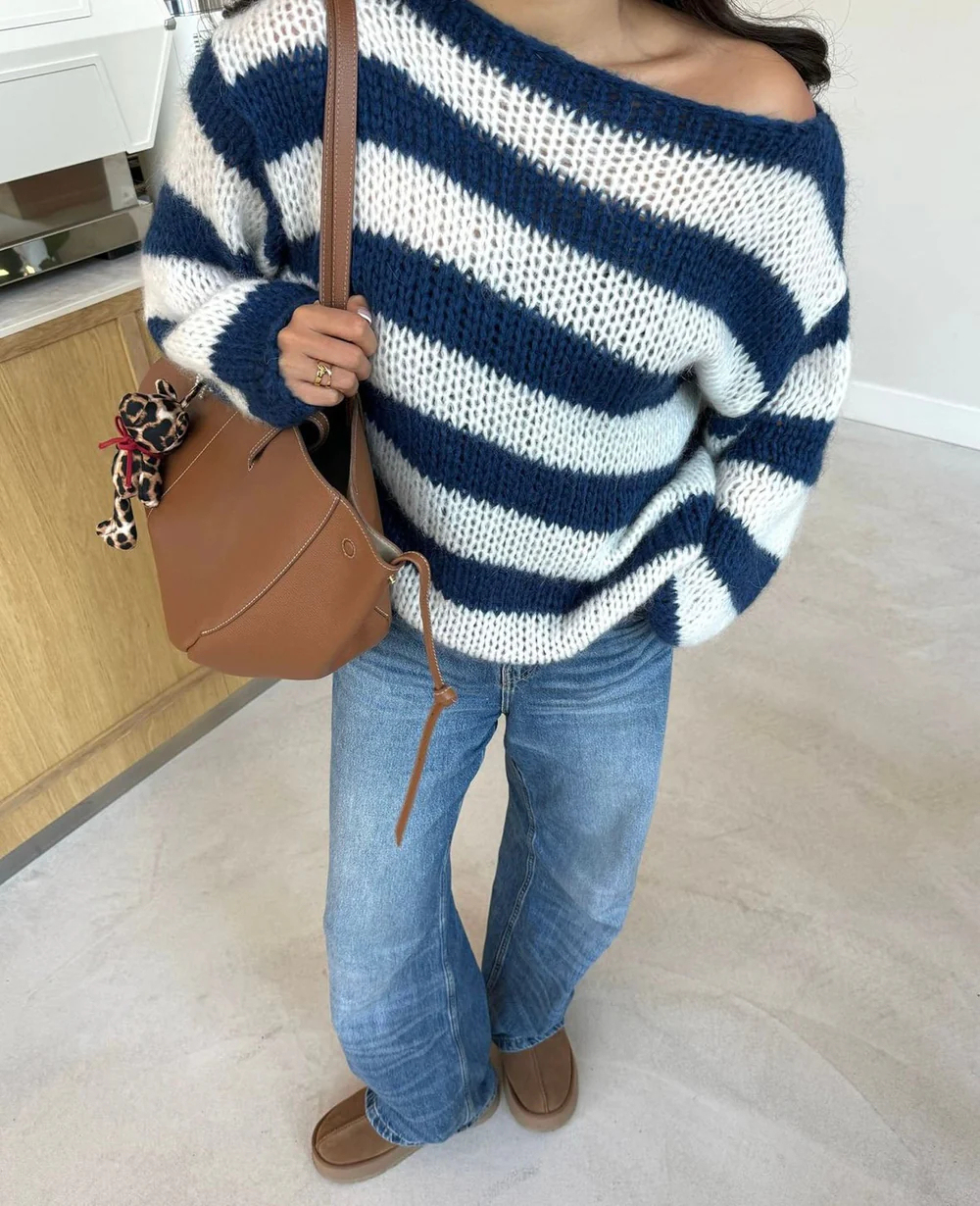 Round neck striped loose lazy versatile long sleeve sweater - C0326