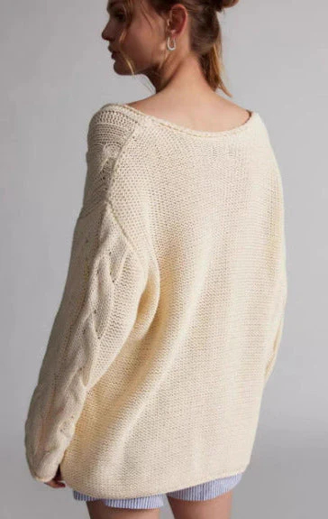 Solid color loose lazy style V-neck cable knit pullover - C0324