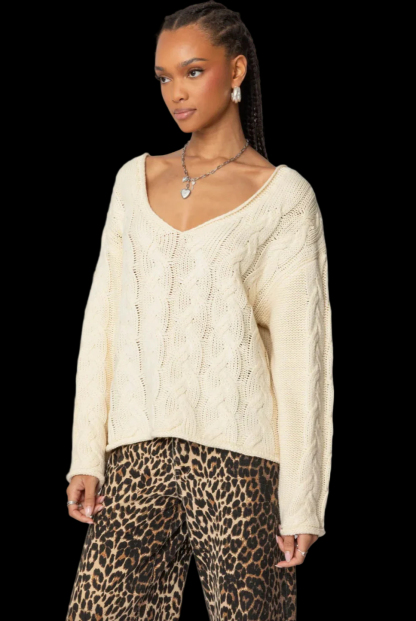 Solid color loose lazy style V-neck cable knit pullover - C0324