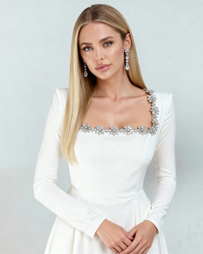 Elegant rhinestone-embellished short velvet dress - C336