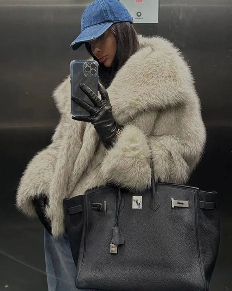 女式人造毛皮大衣长袖蓬松夹克 - C0320