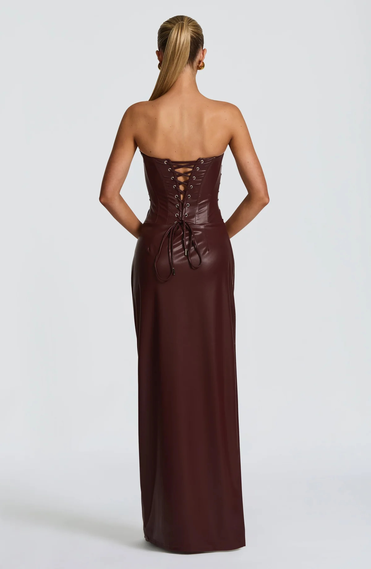 Fashionable PU leather slit dress with laces - C0342