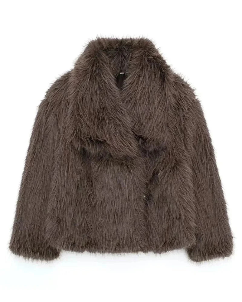 女式人造毛皮大衣长袖蓬松夹克 - C0320