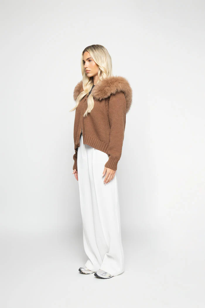 Versatile large fur collar hooded zipper lazy style cardigan - C0323