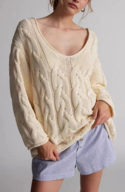 Solid color loose lazy style V-neck cable knit pullover - C0324