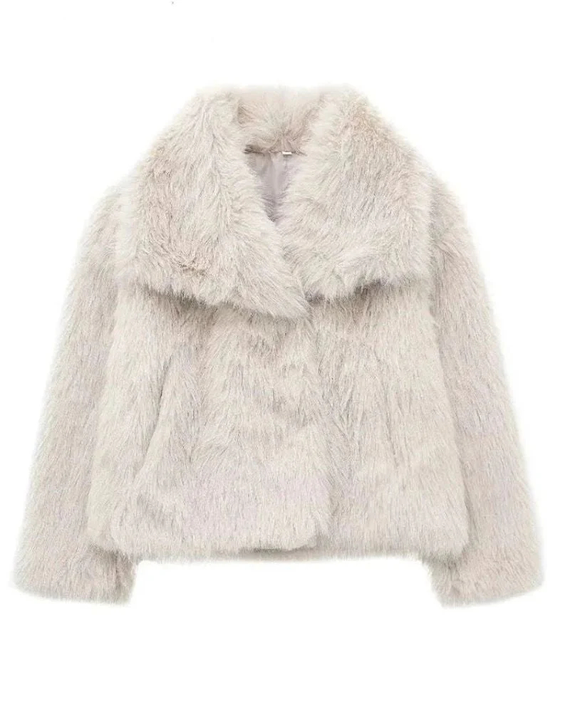 女式人造毛皮大衣长袖蓬松夹克 - C0320