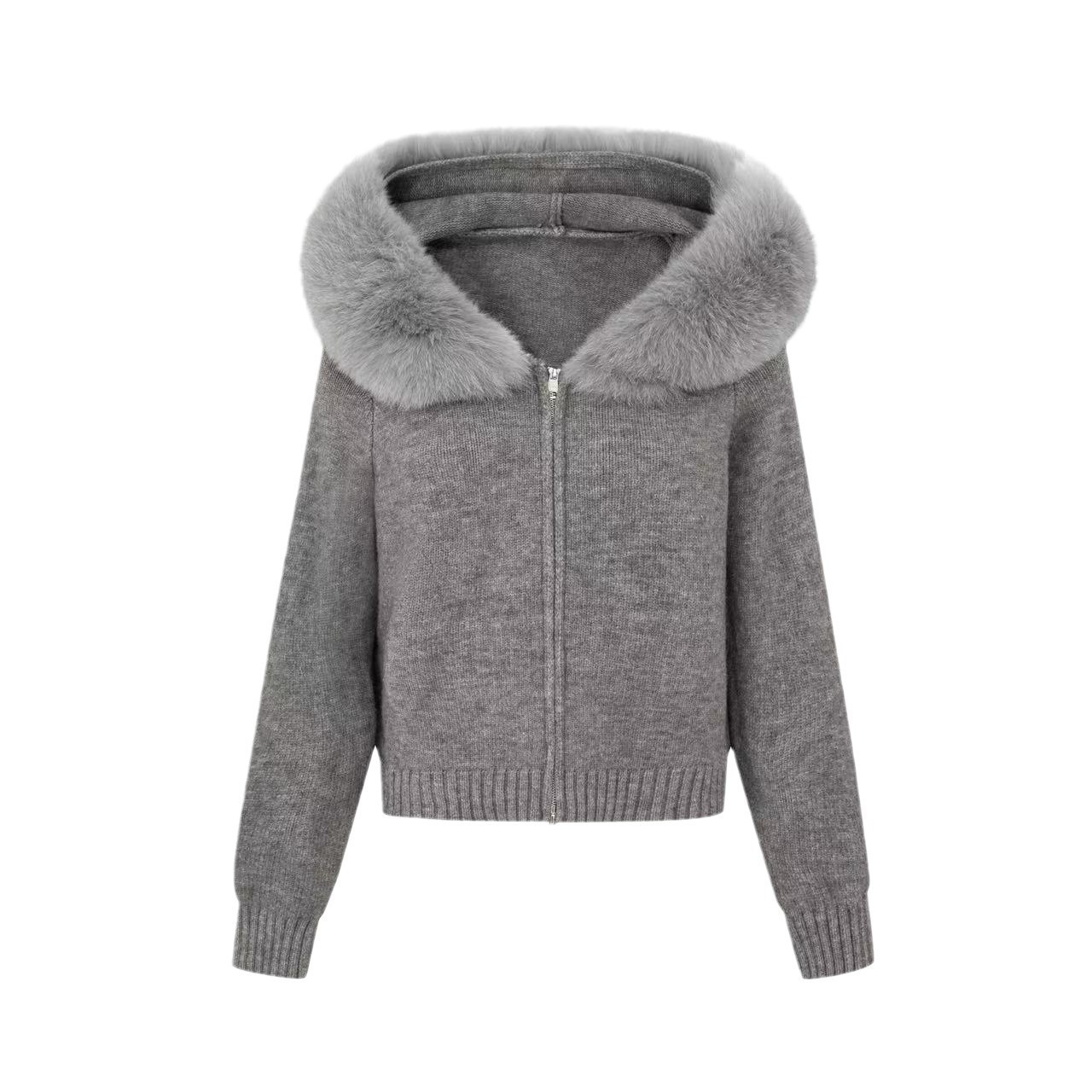 Versatile large fur collar hooded zipper lazy style cardigan - C0323