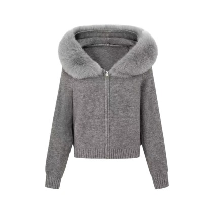 Versatile large fur collar hooded zipper lazy style cardigan - C0323