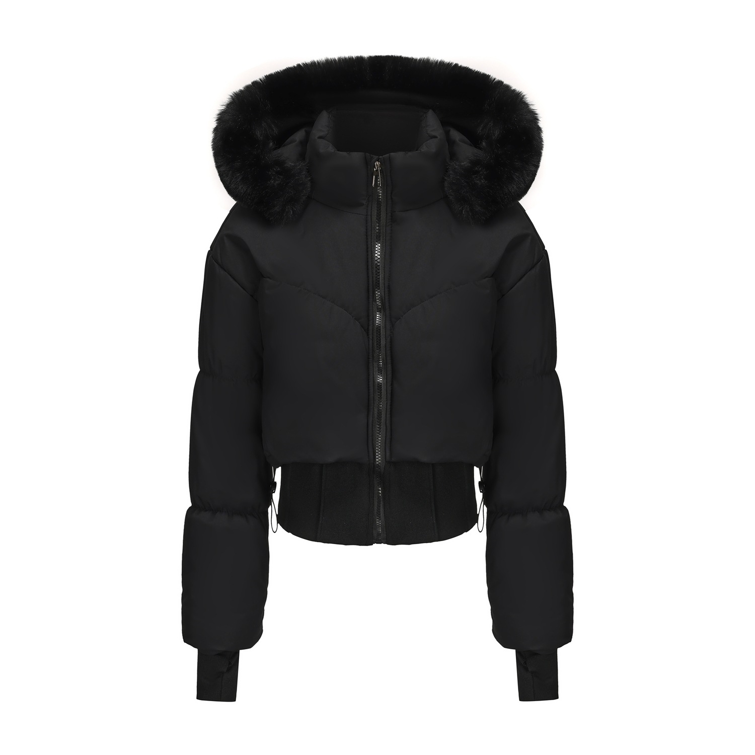 Short cotton-padded jacket with large fur collar and hood - C337