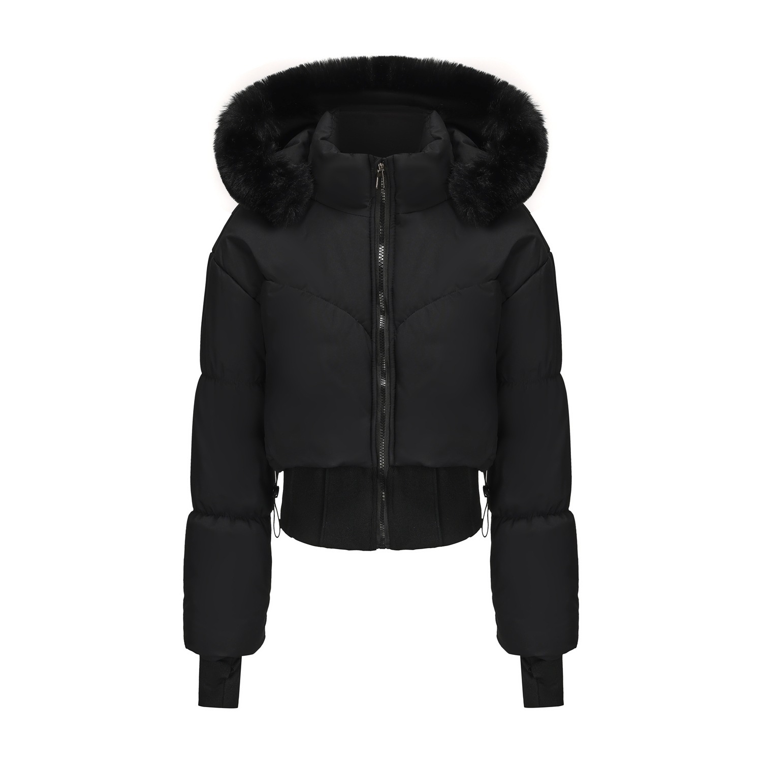 Short cotton-padded jacket with large fur collar and hood - C337