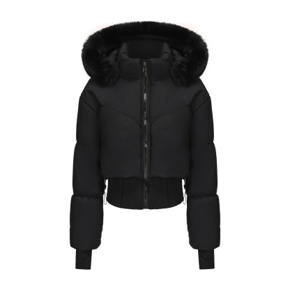 Short cotton-padded jacket with large fur collar and hood - C337