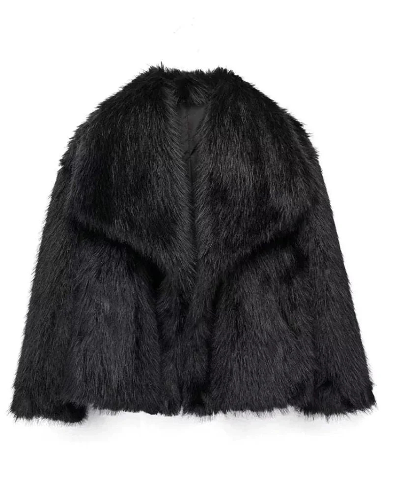 女式人造毛皮大衣长袖蓬松夹克 - C0320