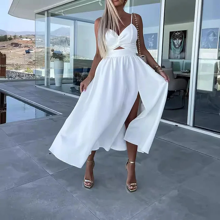 レディース スパゲッティストラップ ハイスリットドレス - S0103