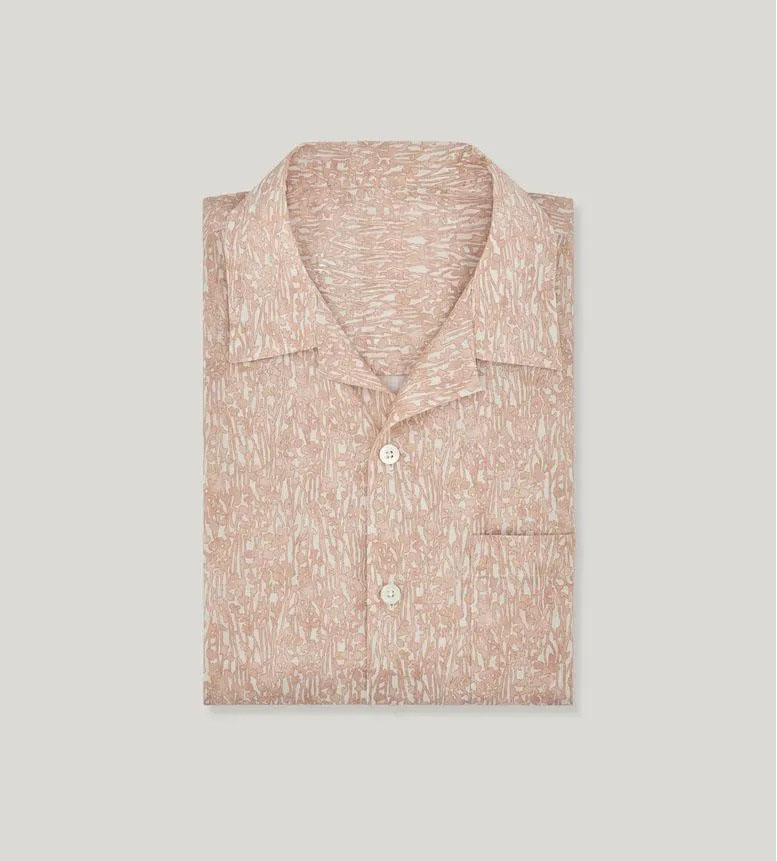 Camicia di lino a motivo vegetale bianco e rosa con vestibilità ampia