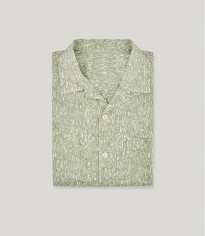 Camicia di lino con motivo di piante verde e bianco, modello ampio