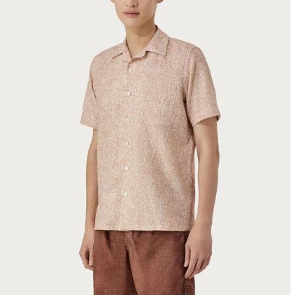 Camicia di lino a motivo vegetale bianco e rosa con vestibilità ampia