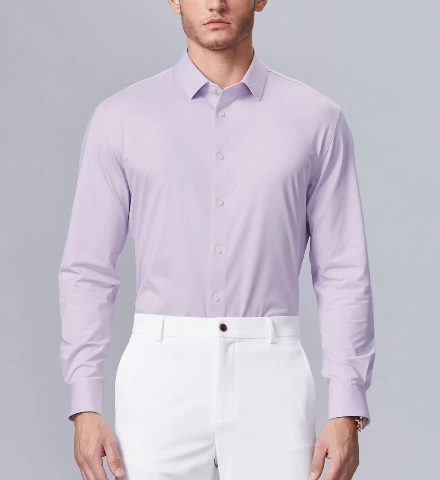 Camicia coreana estiva da uomo aderente di colore rosa chiaro