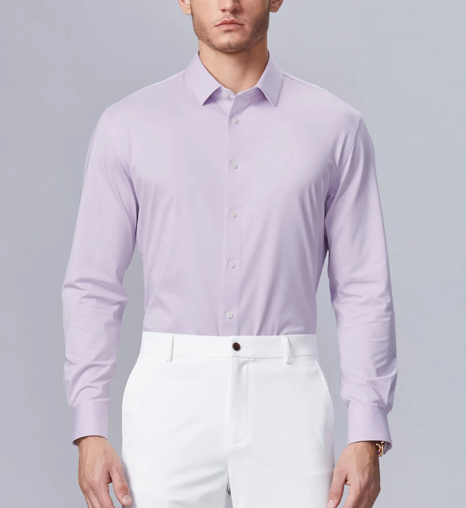 Camicia coreana estiva da uomo aderente di colore rosa chiaro