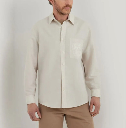 Camicia casual in cotone e lino con tasca sul petto ricamata in stile rilassato