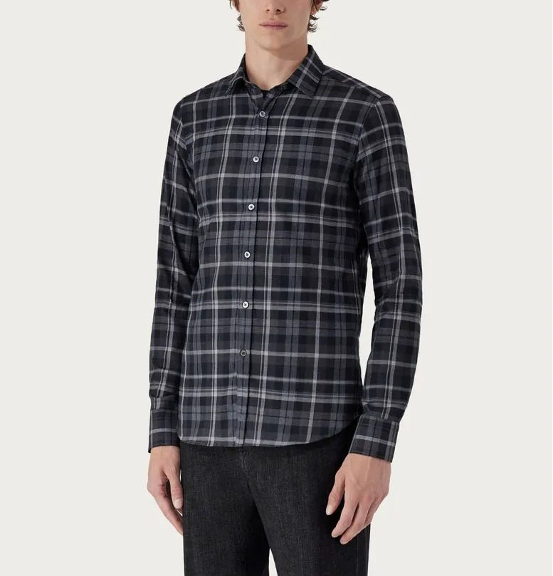 Camicia attillata in cotone grigio a quadri