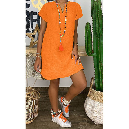 Ladies Cotton Linen Short Sleeve V Neck Dress