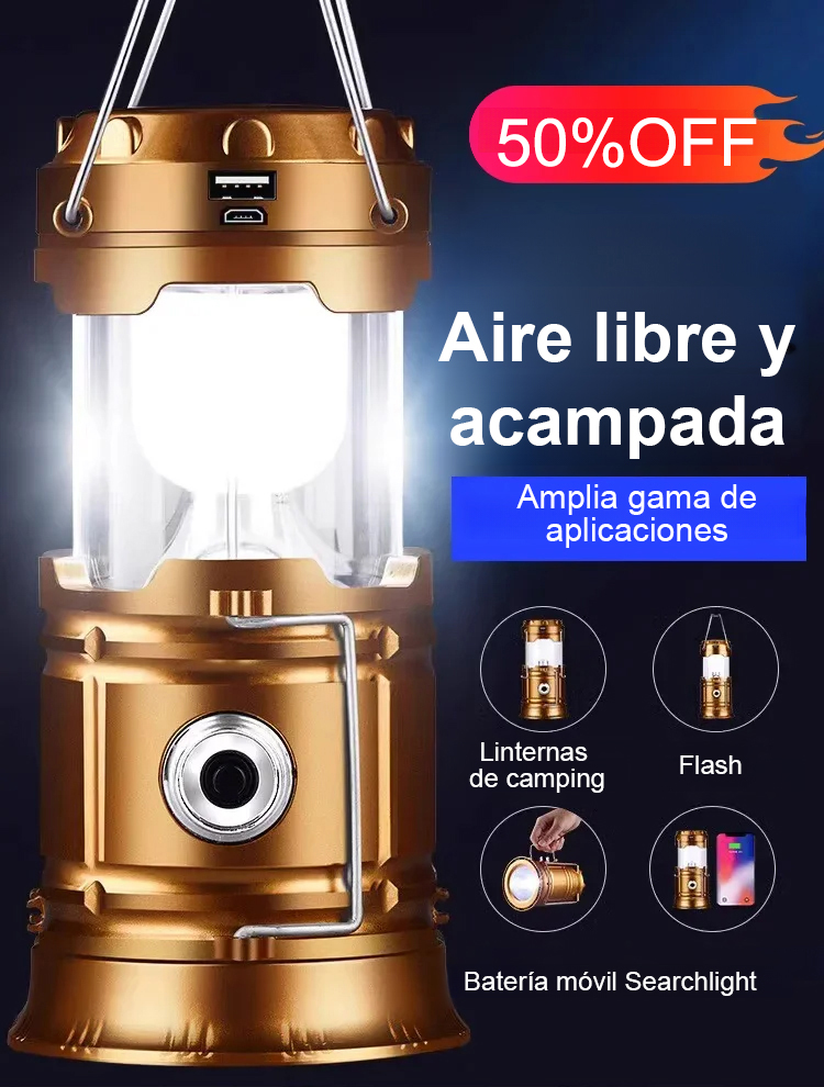 ⛺✅Lámpara solar multifuncional e impermeable, con una sola carga dura 30 días y cubre un área de hasta 200 m².