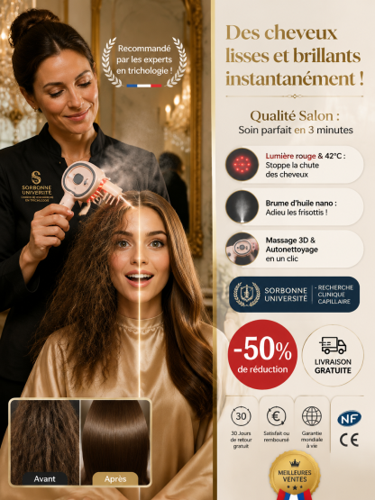 【👍Recommandé par les experts capillaires】✨Brosse coiffante à lumière rouge et chaleur constante -⏱️Élimine les frisottis en 3 secondes -💖Masse le cuir chevelu