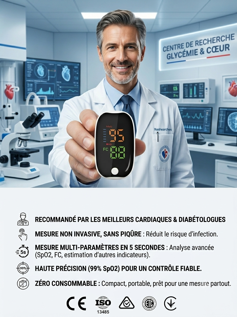 【💖 Oxymètre glycémie/oxygène au doigt sans piqûre】🪡Sans prélèvement sanguin – ⏱️Mesure rapide en 3 s – ✨Précision jusqu’à 99 % – 👍Compact et portable