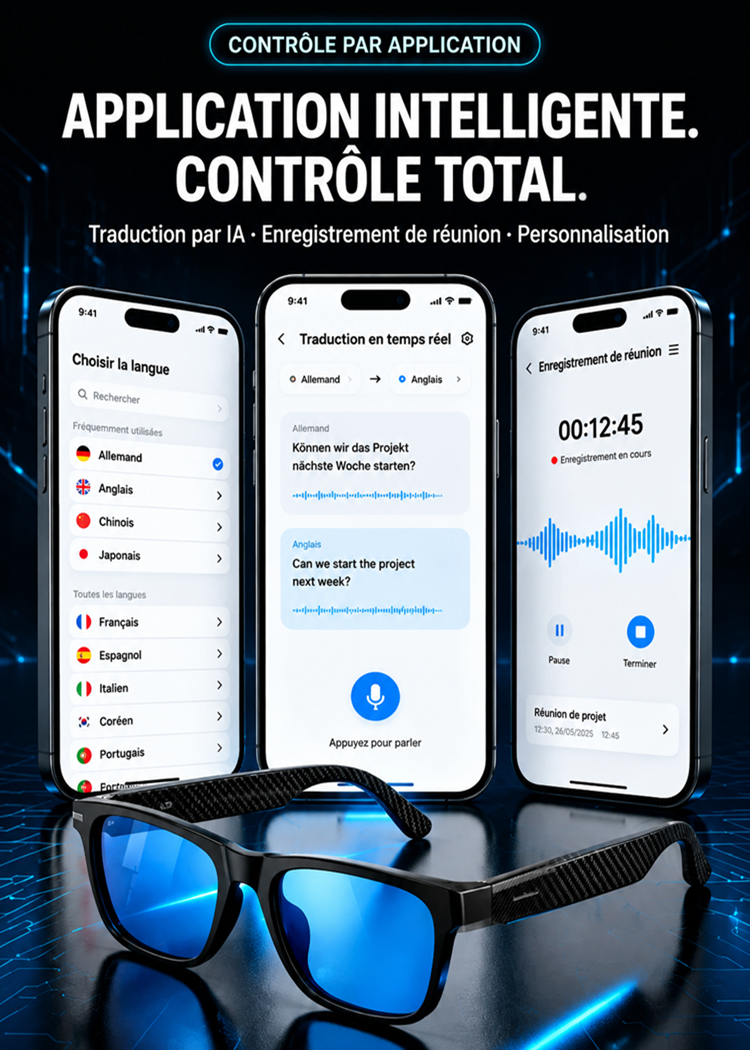 Lunettes intelligentes  à zoom et teinte variables avec traduction AI en temps réel