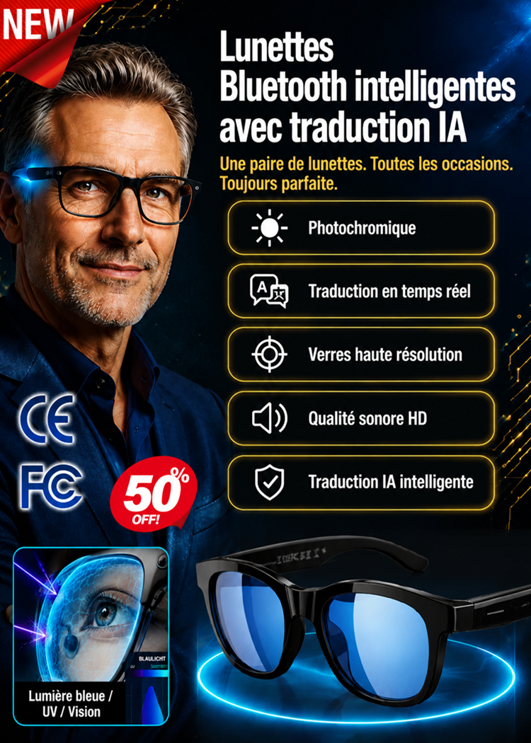 Lunettes intelligentes  à zoom et teinte variables avec traduction AI en temps réel