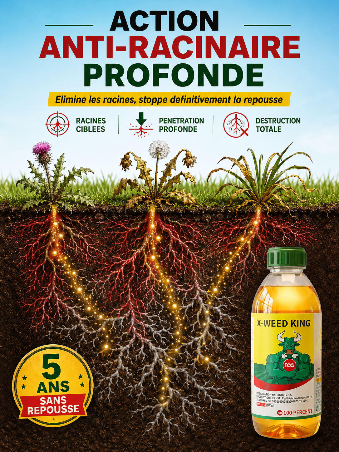 Une seule utilisation, cinq ans sans mauvaises herbes. Désherbant sûr, zéro résidu.