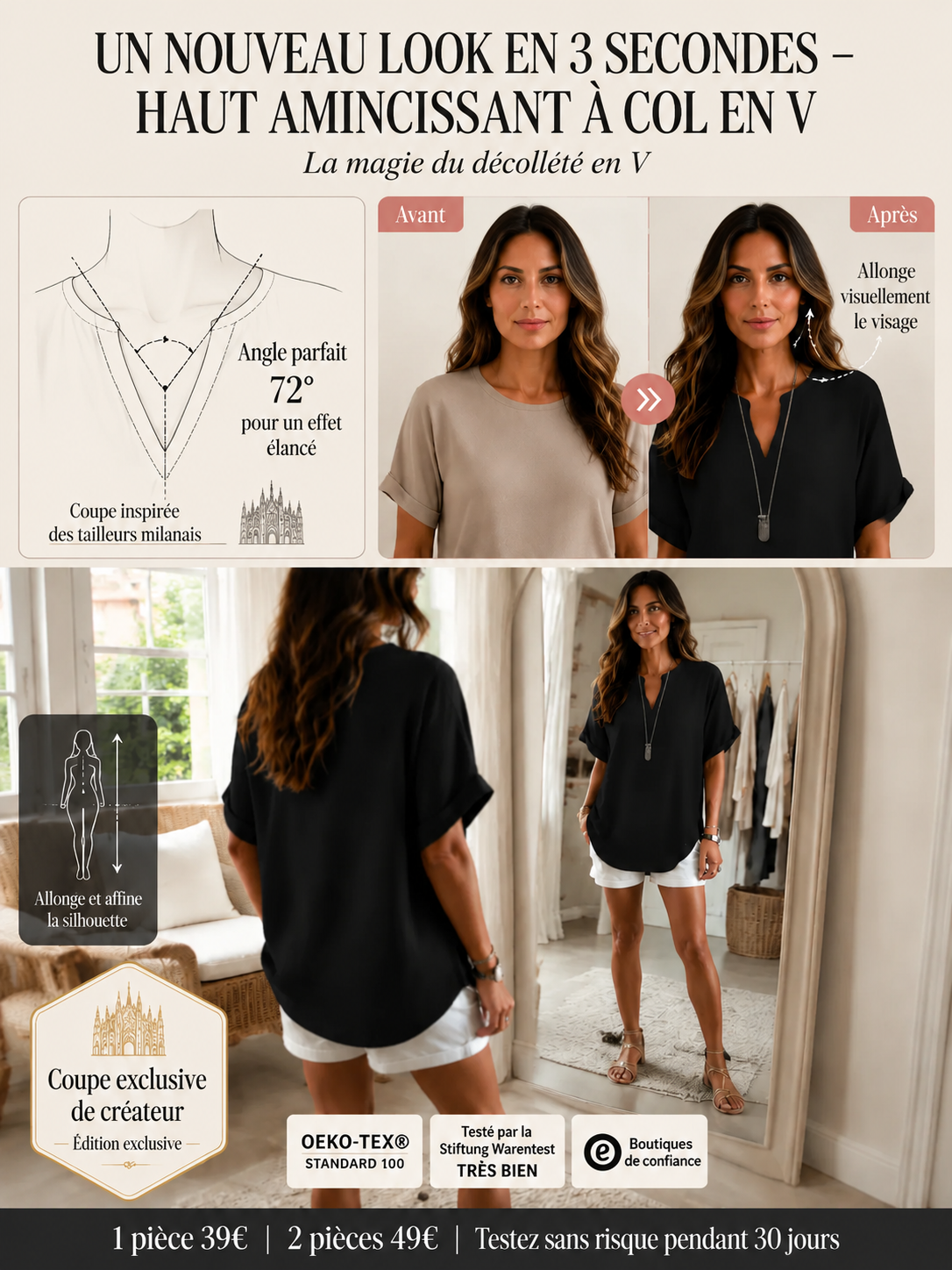 [Silhouette -5kg en 3 secondes] L’exclusive blouse en satin de Milan avec décolleté en V