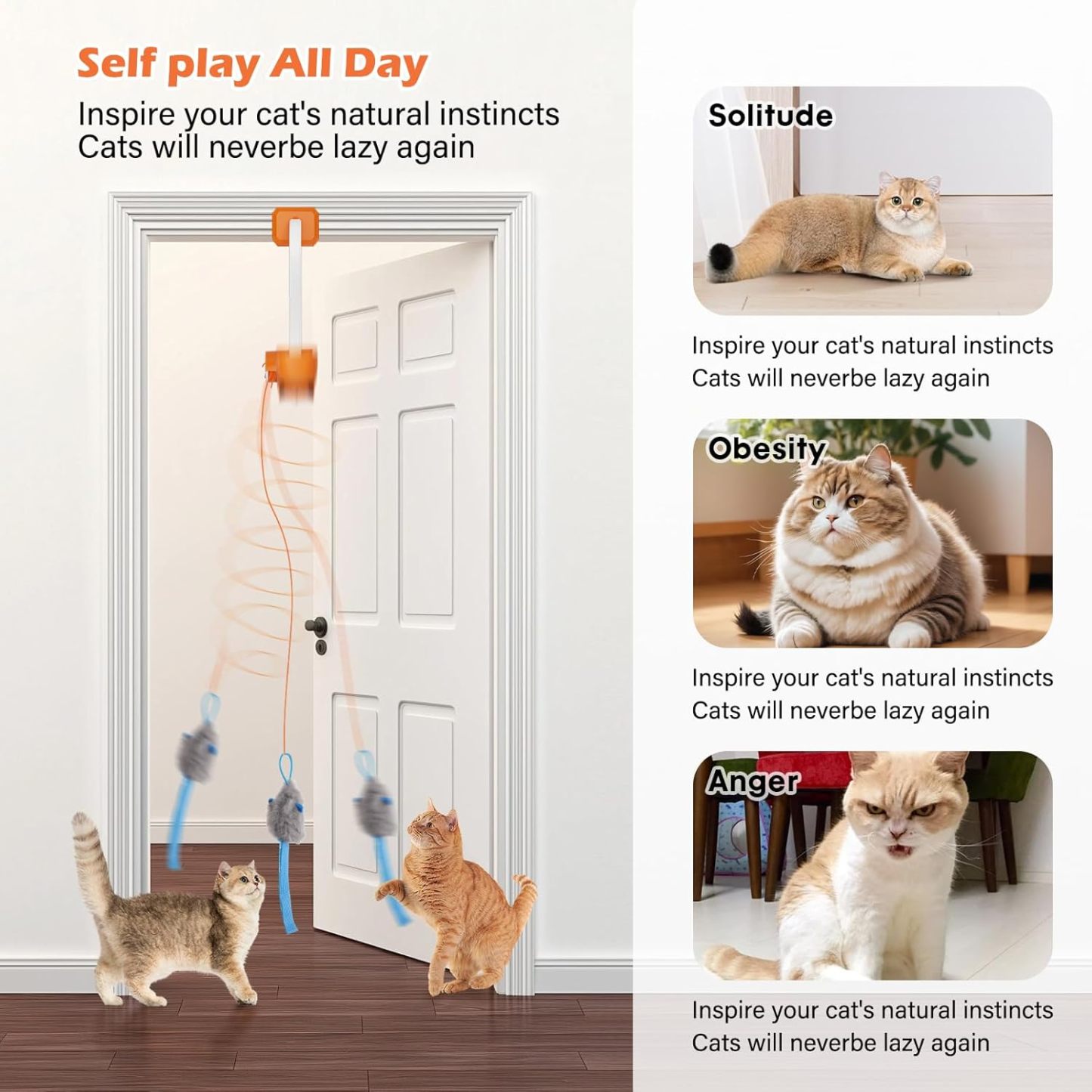 Rechargeable Electric Cat Teaser with Remote – Interactive Door Clip Toy for Cats, 2 Motion Modes (360° Spin & Irregular Jumping), Smart Auto Cat Toy for Exercise & Fun (Orange)