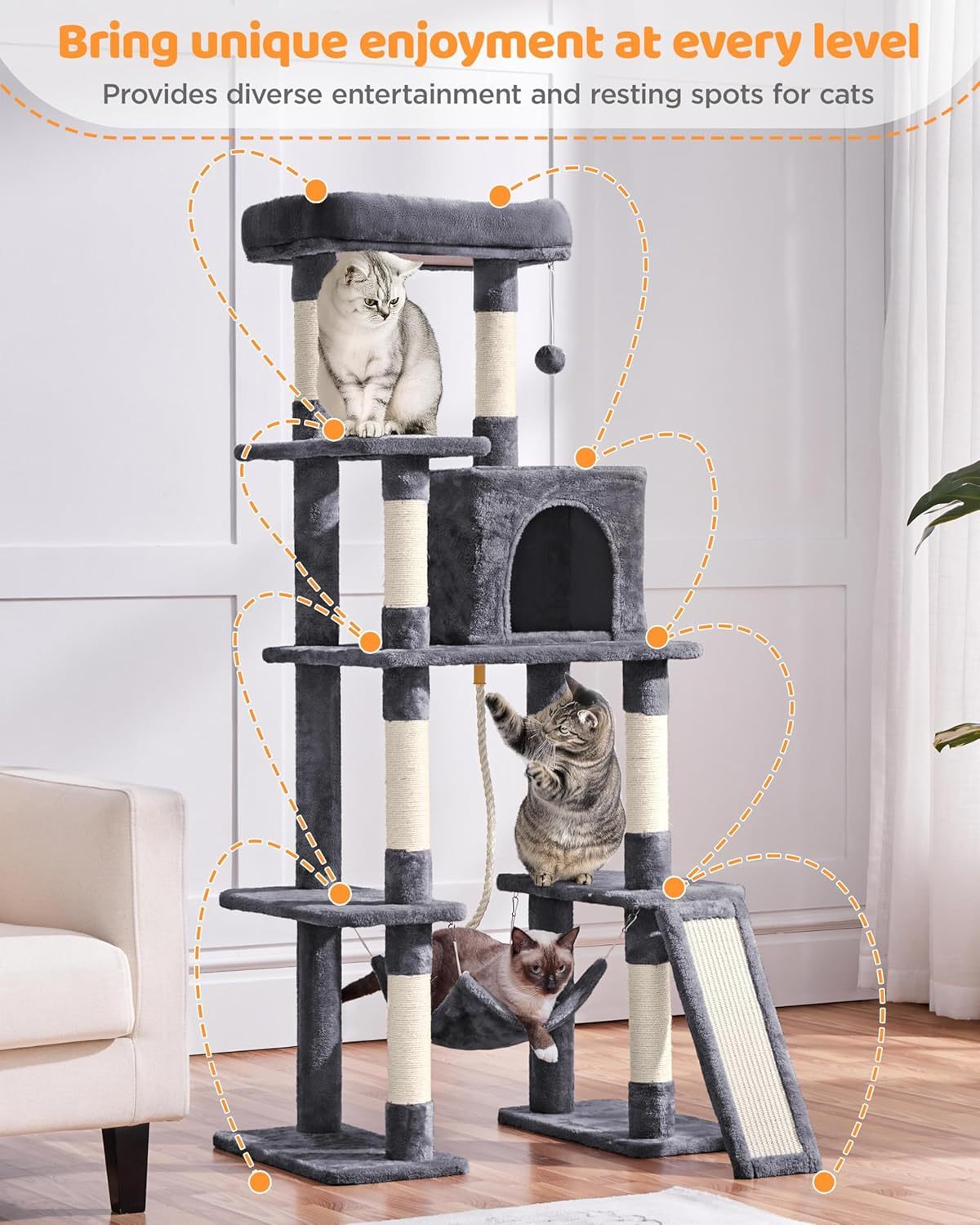 MarvelPaws Large Multi-Level Cat Tree| 63 Inches Tall with Sisal-Covered Scratching Posts, Condo, Hammock, Dangling Ball, and Extended Platform for Cats to Play and Sleep