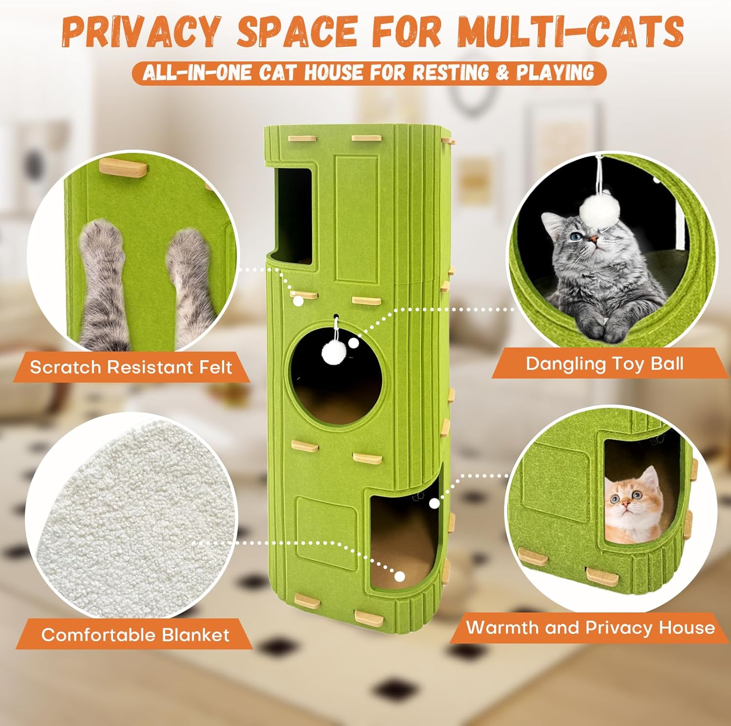 MarvelPaws Cat House for Indoor Cats| 3-Storey Cozy Felt Cat Bed Cave with Tunnel Hideaway| Large Multi-Cat Condo for Rest & Play