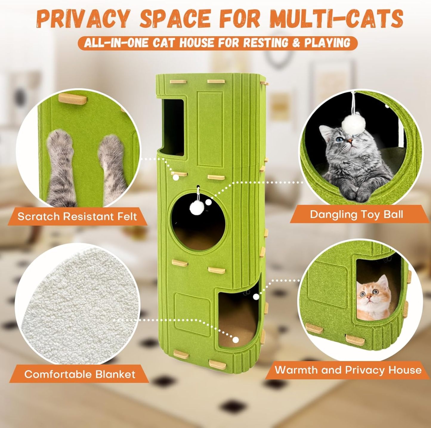 MarvelPaws Cat House for Indoor Cats| 3-Storey Cozy Felt Cat Bed Cave with Tunnel Hideaway| Large Multi-Cat Condo for Rest & Play