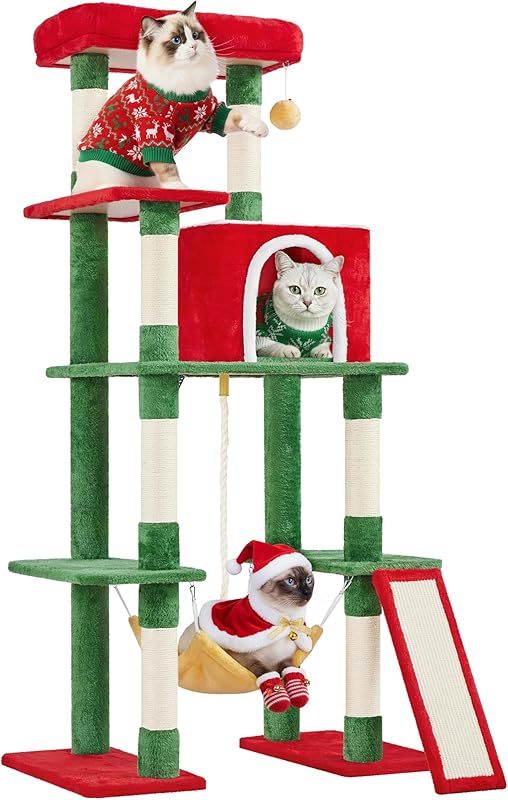 MarvelPaws Large Multi-Level Cat Tree| 63 Inches Tall with Sisal-Covered Scratching Posts, Condo, Hammock, Dangling Ball, and Extended Platform for Cats to Play and Sleep