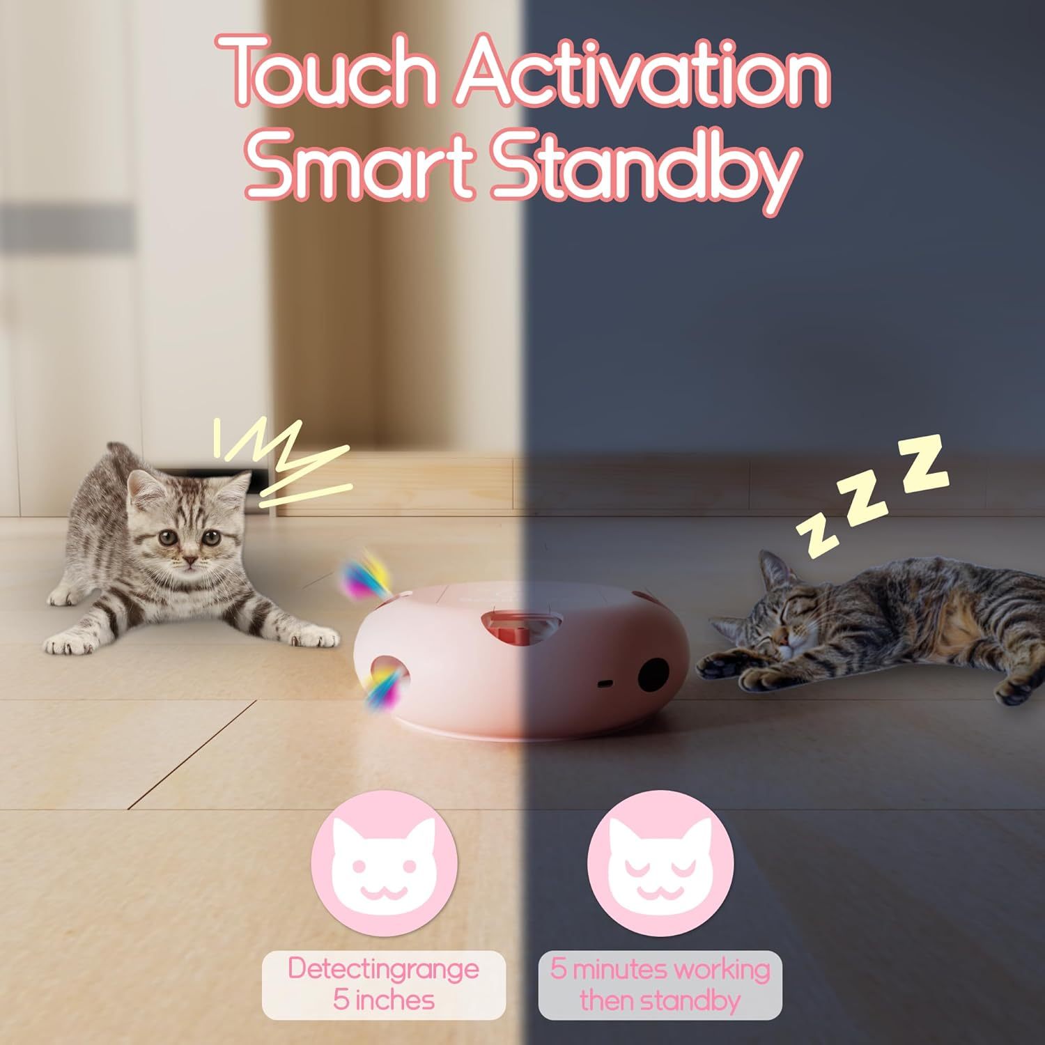 MarvelPaws Interactive Cat Toy| Electric Cat Toys for Moving Concealed Feathers| Smart Sensor 7 Holes Whack a Mole Feather Toy| USB Charge Automatic Kitten Toys| Pink