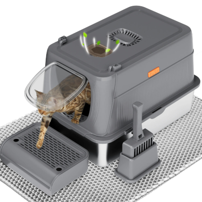 MarvelPaws Extra Large Stainless Steel Cat Litter Box| Fully Enclosed Cat Litter Box With Lid, Foldable Anti-Splashing Cat Litter Box With Front Flap Door| Cat Toilet For Indoor Cats