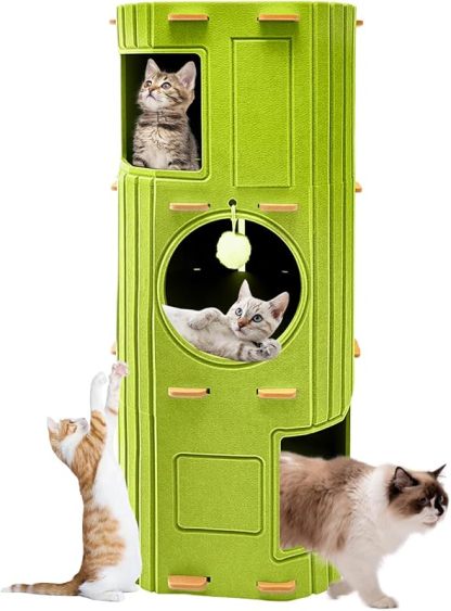 MarvelPaws Cat House for Indoor Cats| 3-Storey Cozy Felt Cat Bed Cave with Tunnel Hideaway| Large Multi-Cat Condo for Rest & Play