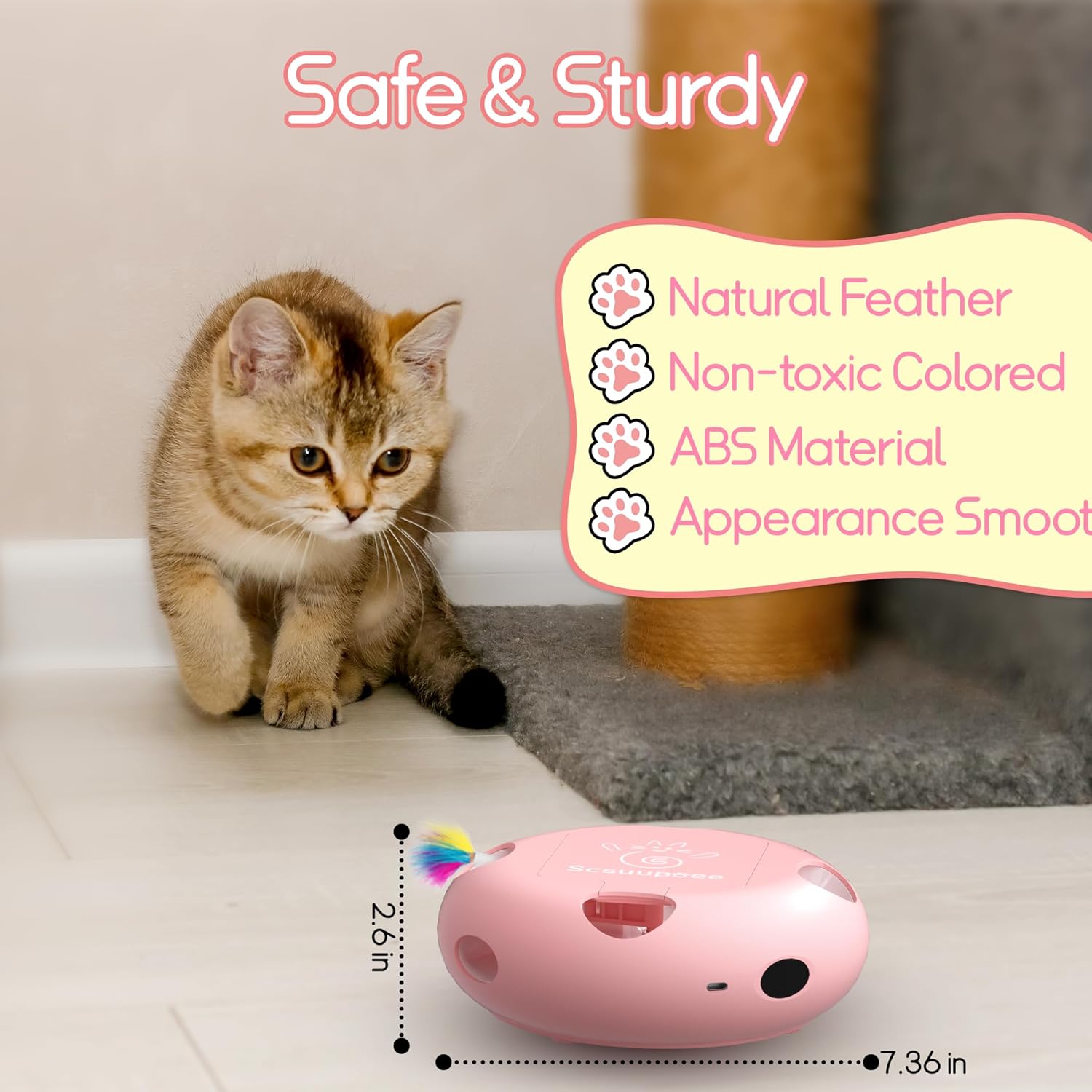 MarvelPaws Interactive Cat Toy| Electric Cat Toys for Moving Concealed Feathers| Smart Sensor 7 Holes Whack a Mole Feather Toy| USB Charge Automatic Kitten Toys| Pink